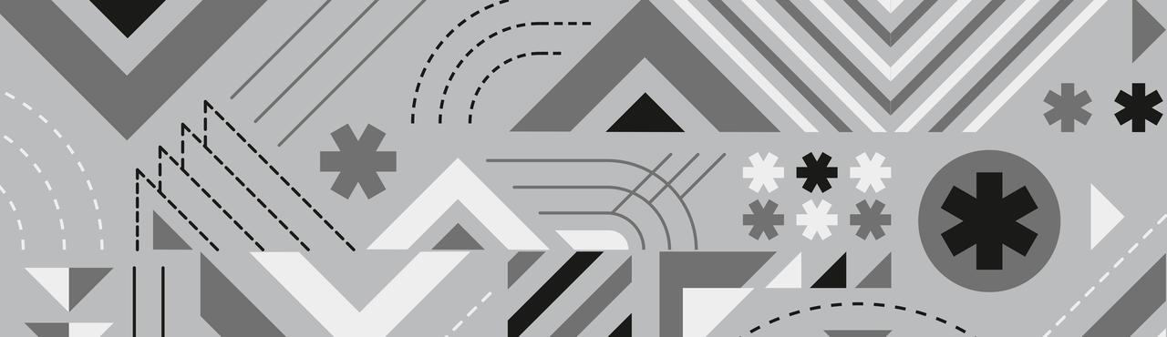 Plakat. Różne geometryczne symbole: trójkąty, gwiazdki, przerywane linie, koła w nieregularnym układzie.